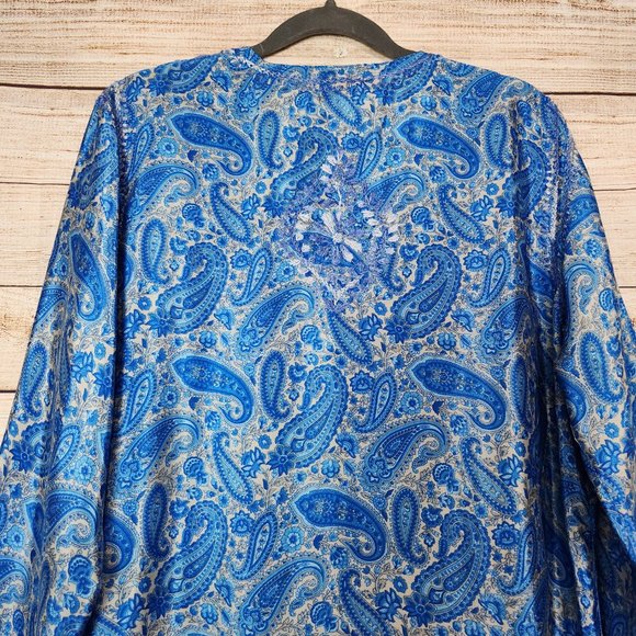 Jest Jewels Women's Size Large Blue Floral Embroidered Quarter Button Silk Blend - Picture 11 of 13